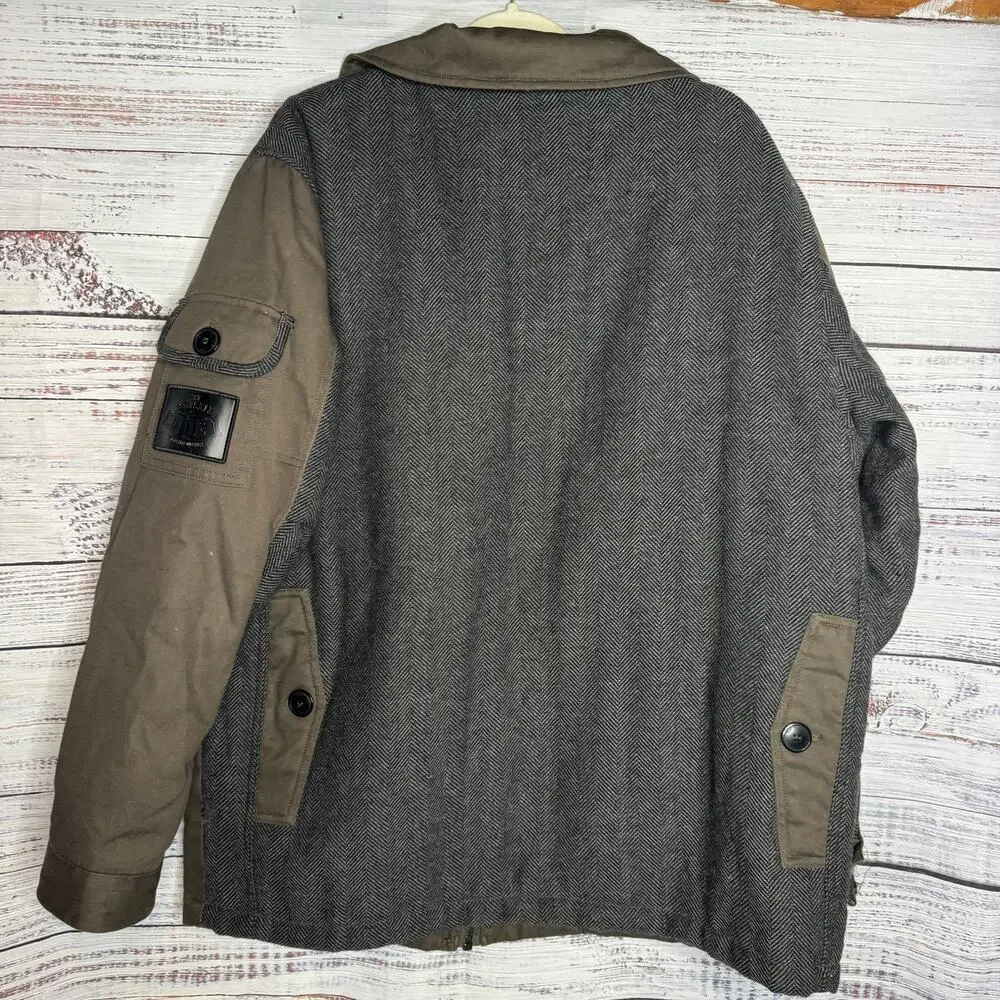Coogi Men’s XL Brown Utility Jacket Multi Pocket Button Zip Herringbone Back